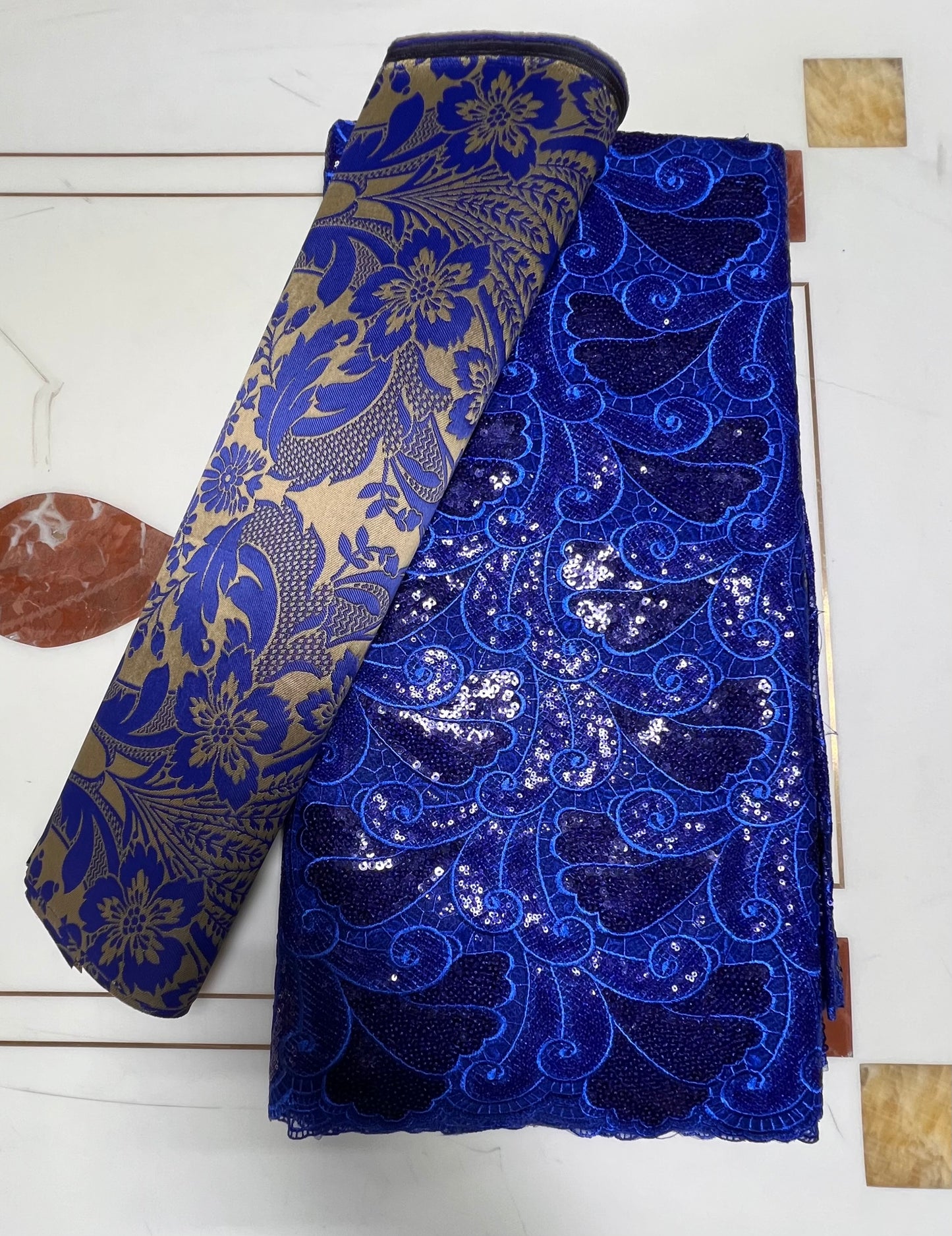 Men and Women Blue and Gold Damask Gele and Fila