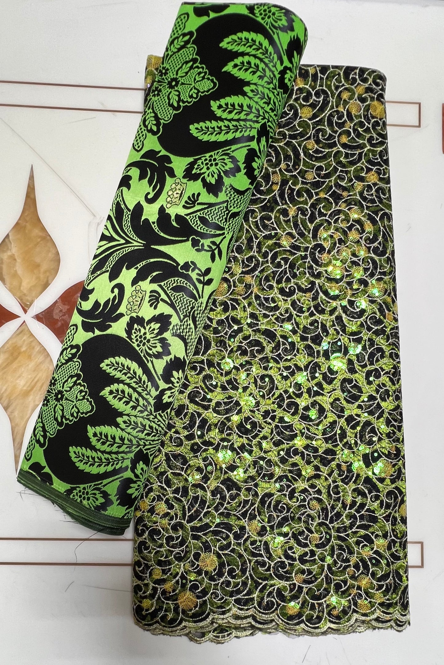 Men and Women Lime Green Damask Gele and Fila