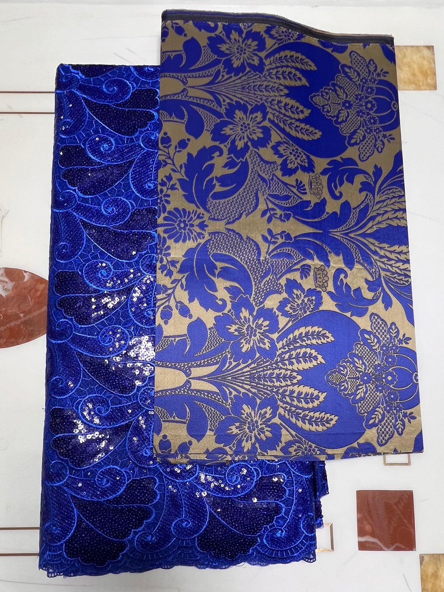 Men and Women Blue and Gold Damask Gele and Fila